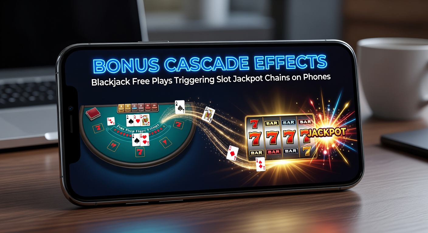 Smartphone-Bildschirm zeigt Blackjack-Free-Play, der in eine Slot-Jackpot-Kette übergeht, mit wirbelnden Walzen und explodierenden Boni