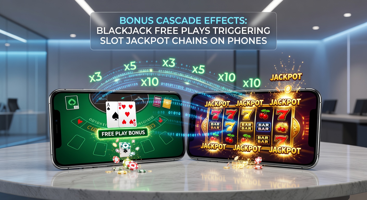 Detaillierte Grafik einer Bonus-Kaskade auf einem Smartphone: Blackjack-Tisch übergeht in Slot-Walzen mit explodierenden Jackpots und Kettensymbolen