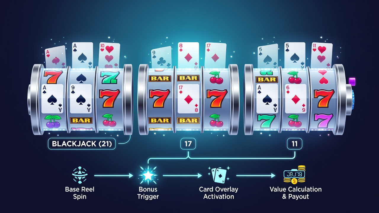 Darstellung der Übertragung von Blackjack-Handwerten auf mobile Slot-Walzenmuster während Bonusphasen