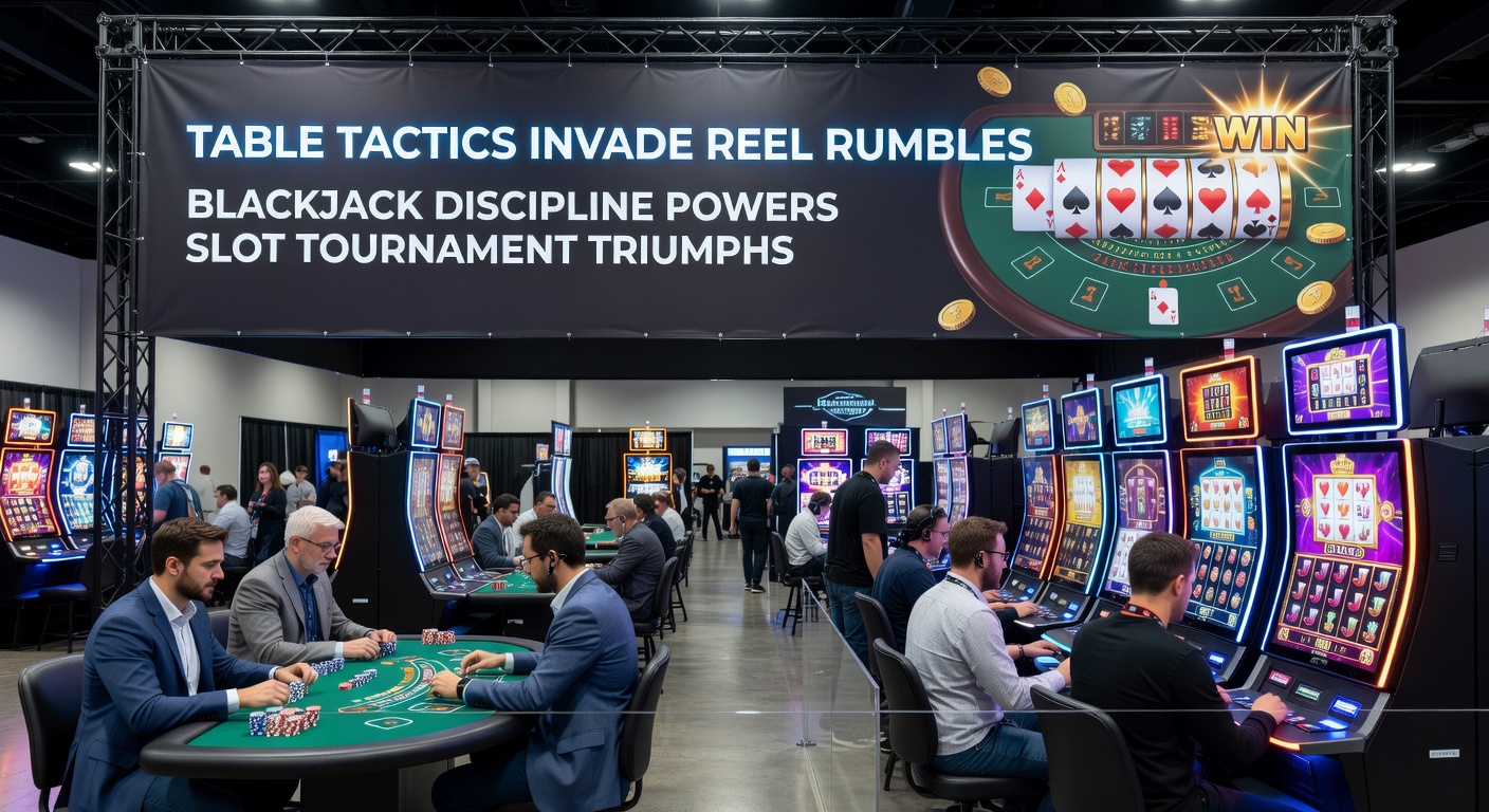 Slot-Turnier-Leaderboard mit Blackjack-Hintergrund; ein Sieger feiert, während Walzen drehen – Darstellung von Triumph durch Disziplin